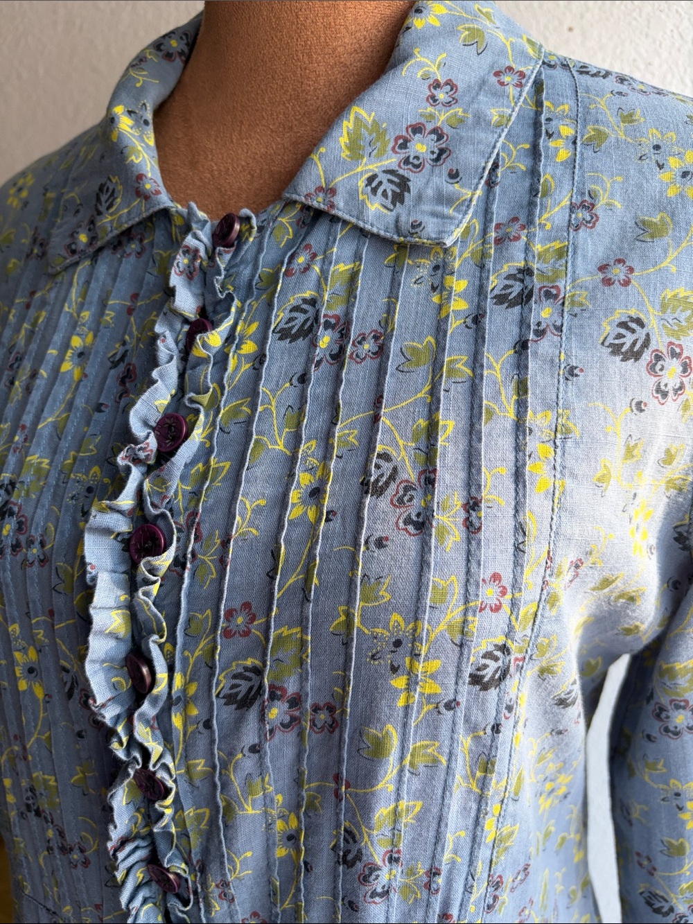 Vintage Free People Dress Sz 6 Blue Floral Button Down Ruffled, Pin-Tuck Fall - Picture 6 of 12